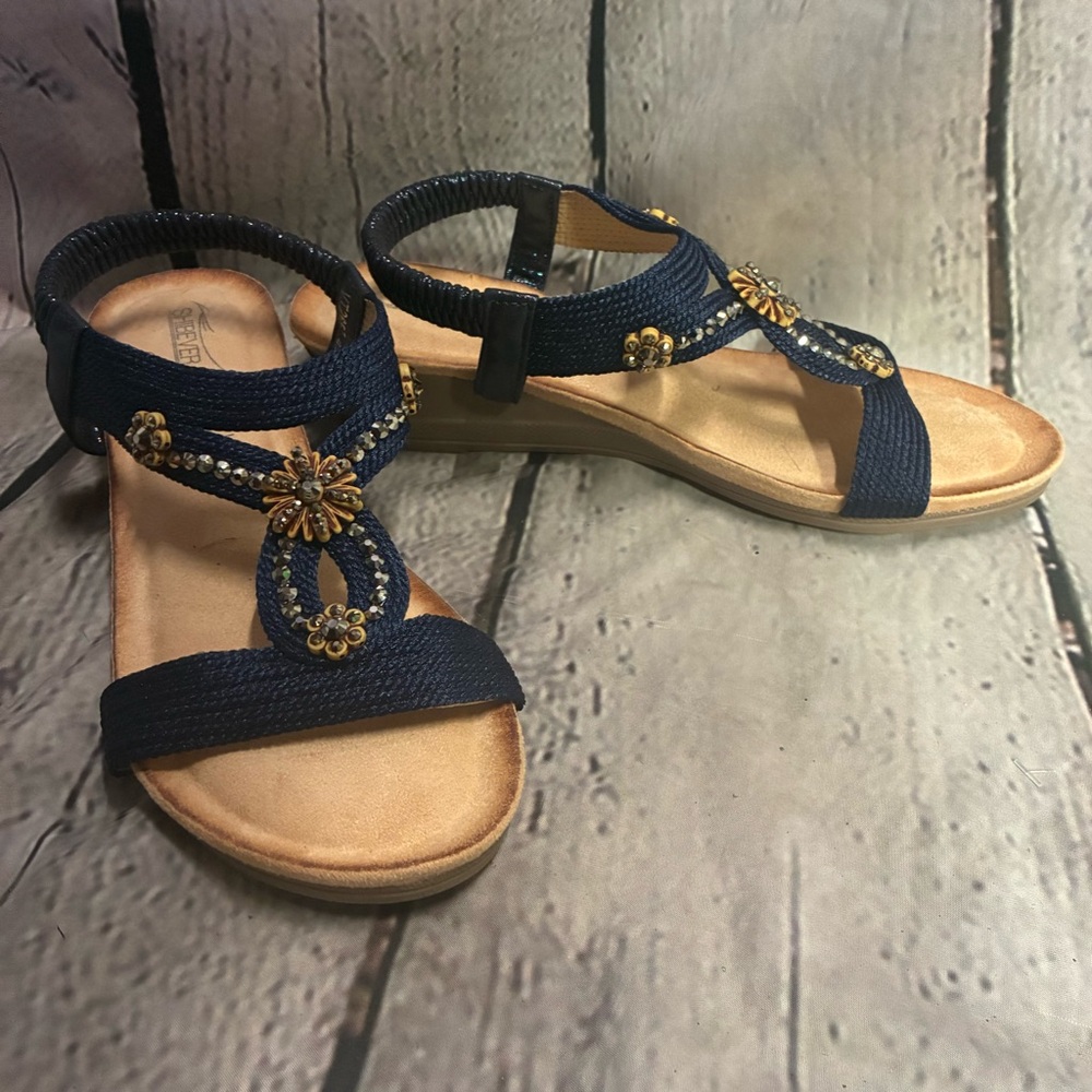 SHIBEVER Glitter Sandals‎ WMS 40 Rhinestone Casual Open Toe Wedge Slingback Blue - Picture 2 of 10